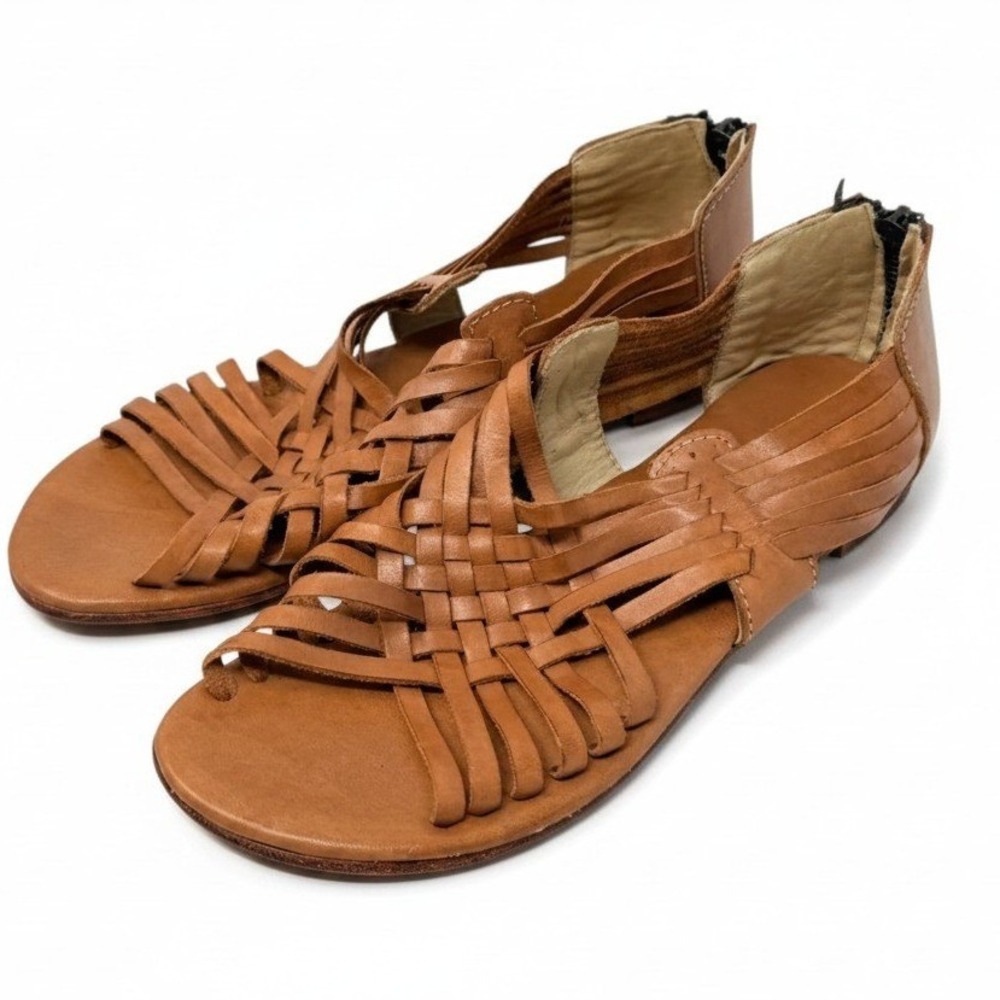 RedHawk Leather Co Woven Leather Huarache Sandals Tan Back Zip Artisan Size 10